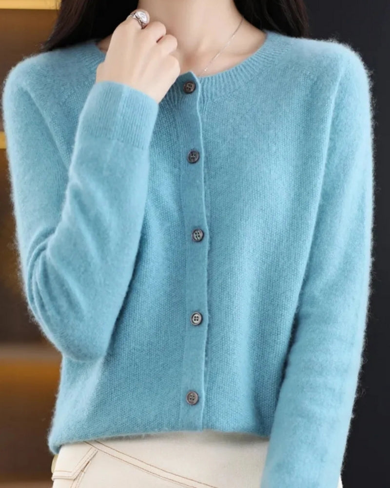 Damen-Strickjacke mit O-Ausschnitt – Weicher Strick mit Knopfleiste