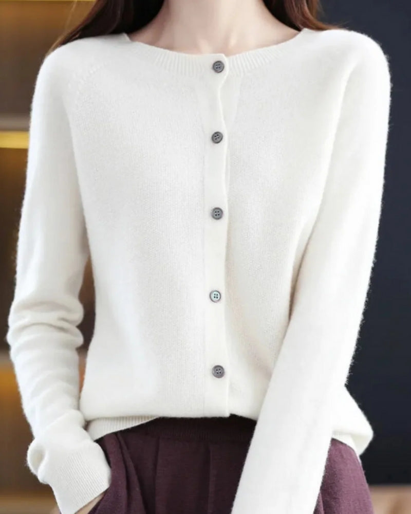 Damen-Strickjacke mit O-Ausschnitt – Weicher Strick mit Knopfleiste