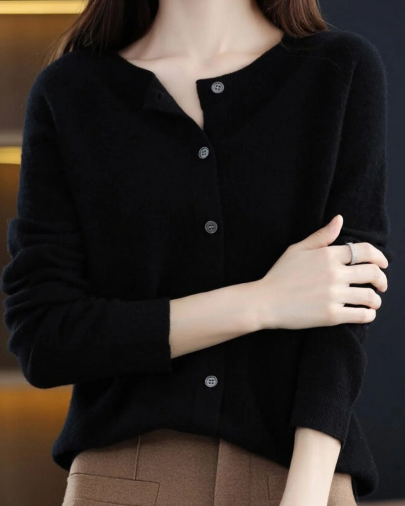 Damen-Strickjacke mit O-Ausschnitt – Weicher Strick mit Knopfleiste