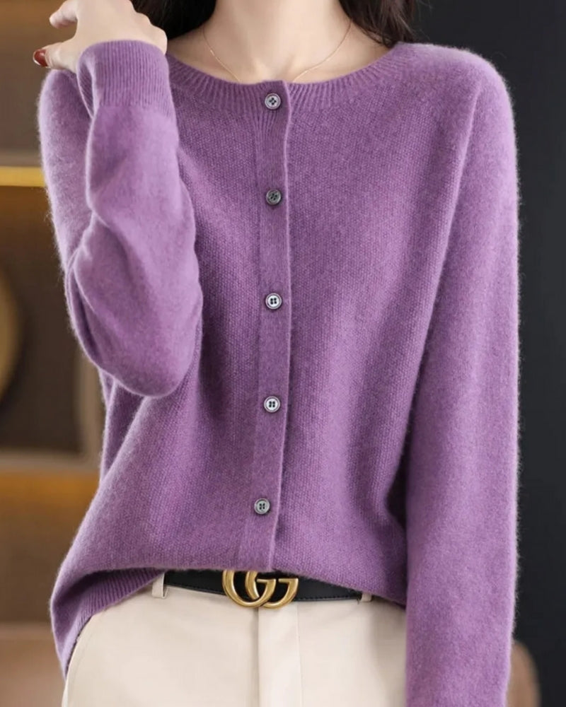 Damen-Strickjacke mit O-Ausschnitt – Weicher Strick mit Knopfleiste