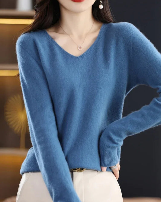 Damen V-Neck Wollpullover – Pullover aus 100% Merinowolle für Winter und Herbst