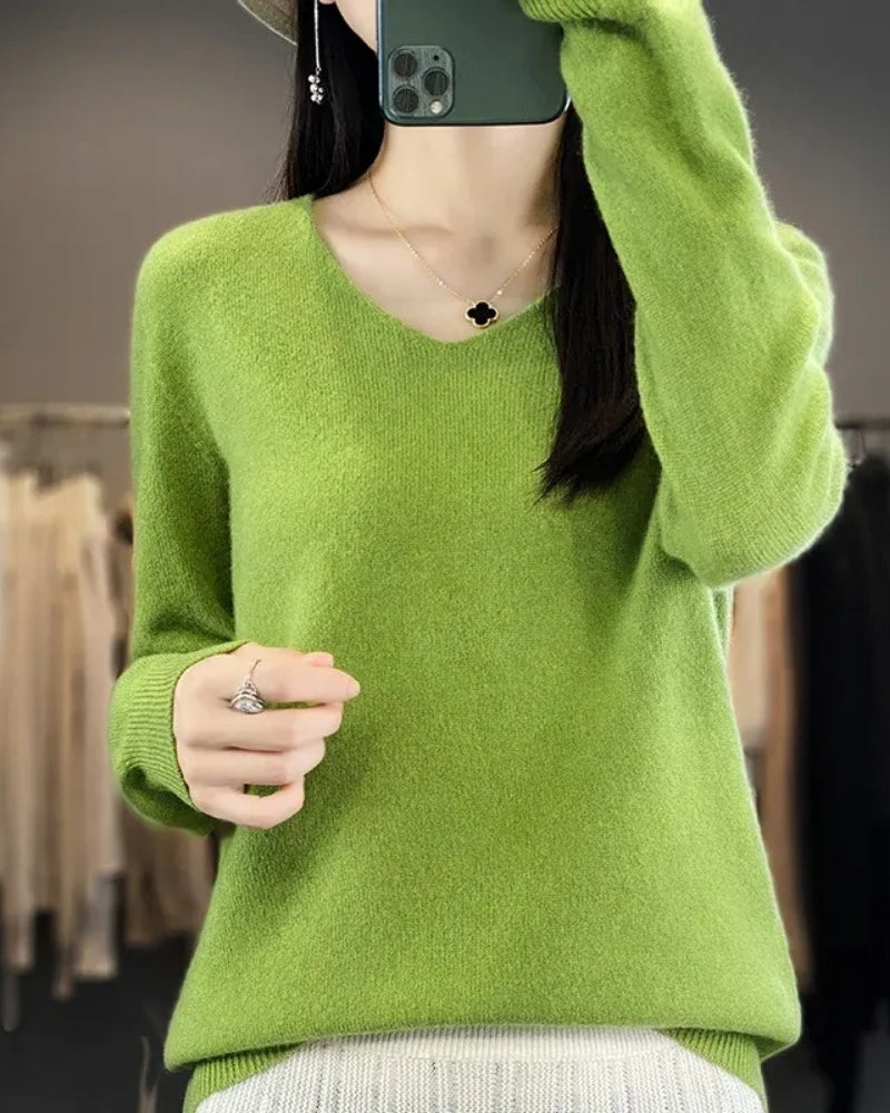 Damen V-Neck Wollpullover – Pullover aus 100% Merinowolle für Winter und Herbst
