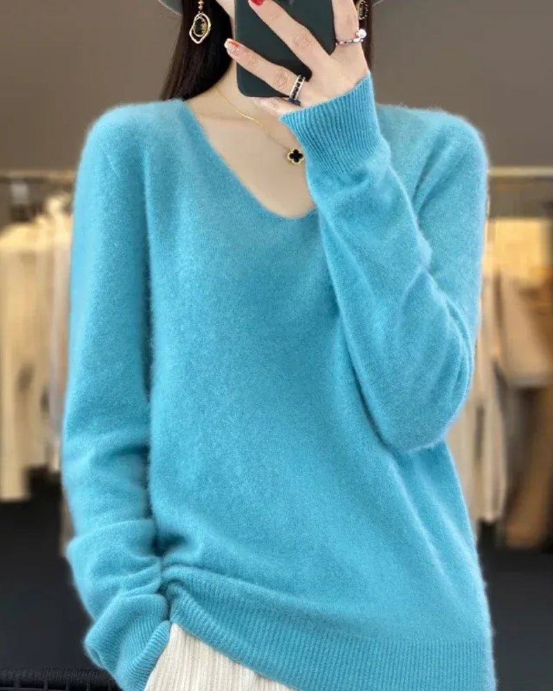 Damen V-Neck Wollpullover – Pullover aus 100% Merinowolle für Winter und Herbst