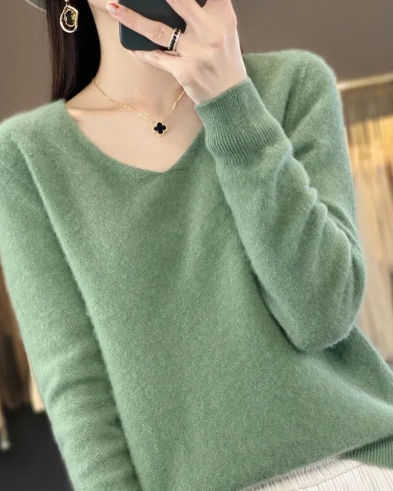 Damen V-Neck Wollpullover – Pullover aus 100% Merinowolle für Winter und Herbst