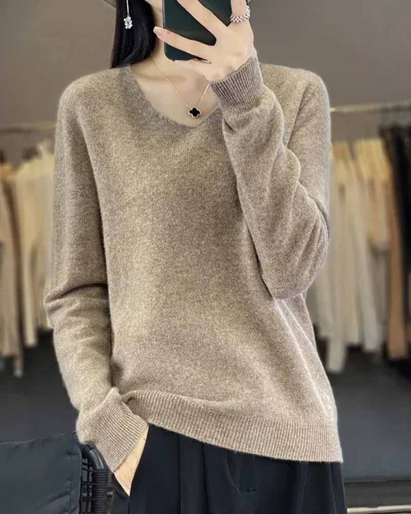 Damen V-Neck Wollpullover – Pullover aus 100% Merinowolle für Winter und Herbst
