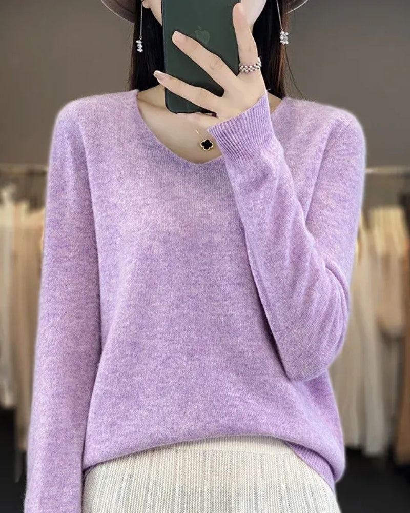 Damen V-Neck Wollpullover – Pullover aus 100% Merinowolle für Winter und Herbst