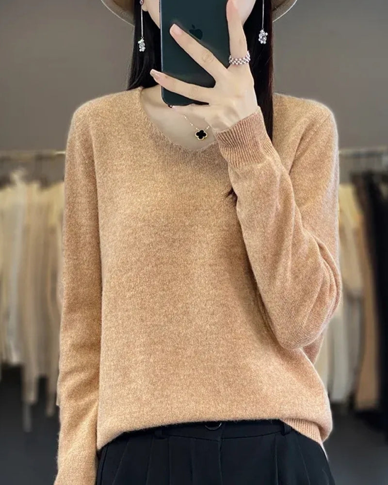 Damen V-Neck Wollpullover – Pullover aus 100% Merinowolle für Winter und Herbst