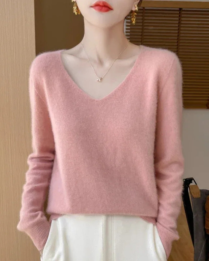 Damen V-Neck Wollpullover – Pullover aus 100% Merinowolle für Winter und Herbst