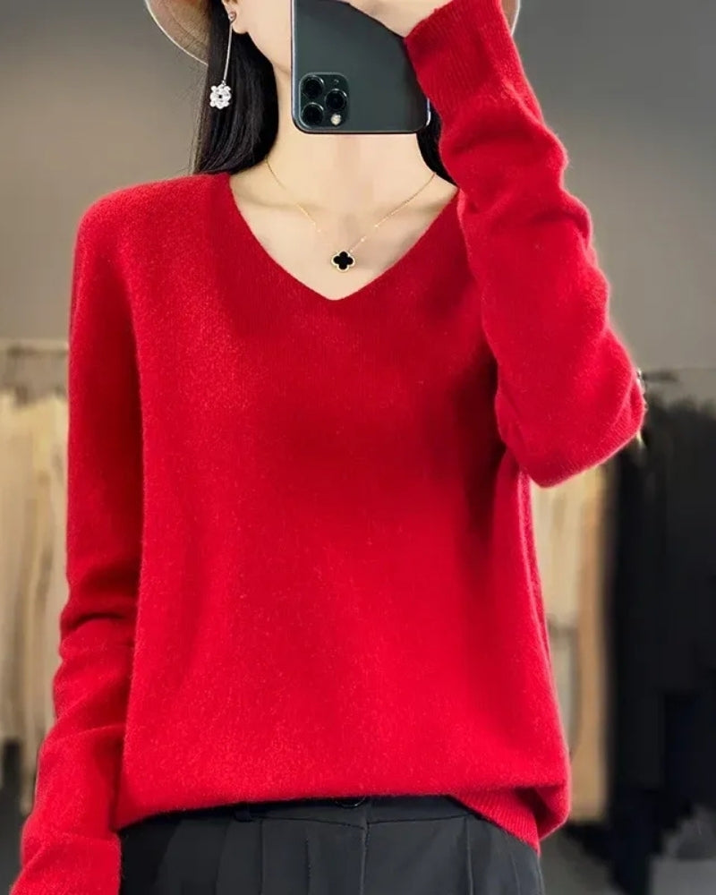 Damen V-Neck Wollpullover – Pullover aus 100% Merinowolle für Winter und Herbst