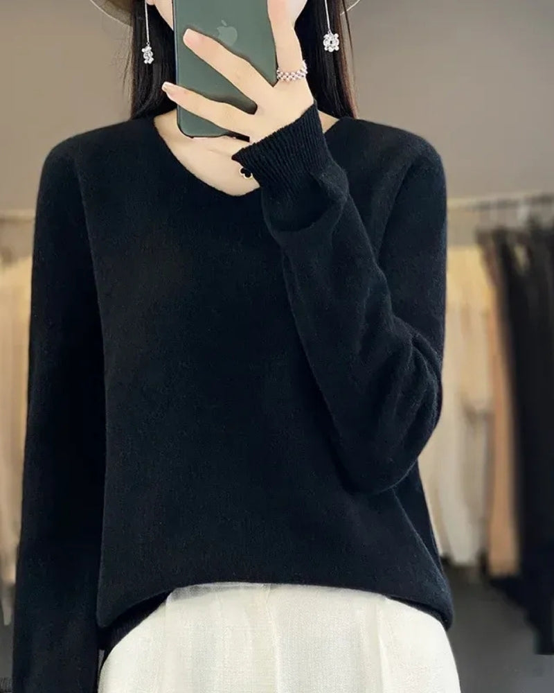 Damen V-Neck Wollpullover – Pullover aus 100% Merinowolle für Winter und Herbst