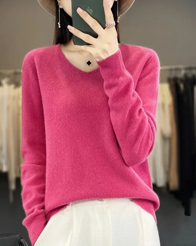 Damen V-Neck Wollpullover – Pullover aus 100% Merinowolle für Winter und Herbst