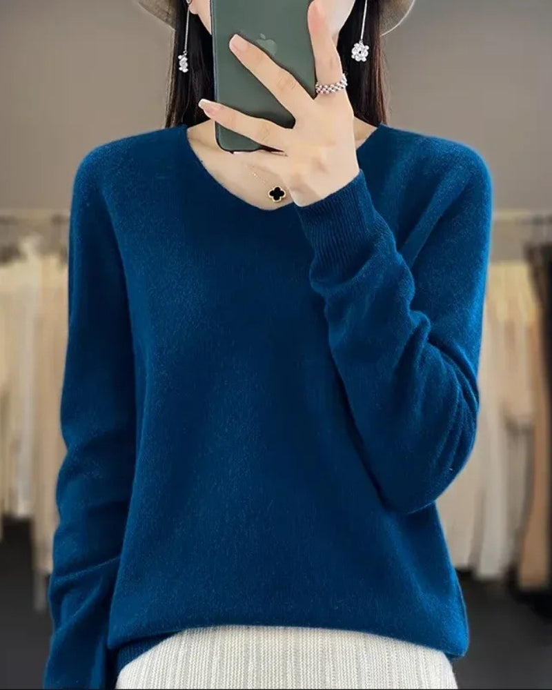Damen V-Neck Wollpullover – Pullover aus 100% Merinowolle für Winter und Herbst