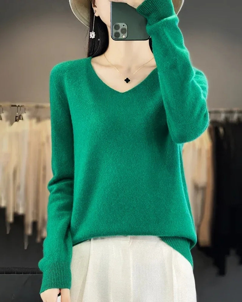 Damen V-Neck Wollpullover – Pullover aus 100% Merinowolle für Winter und Herbst
