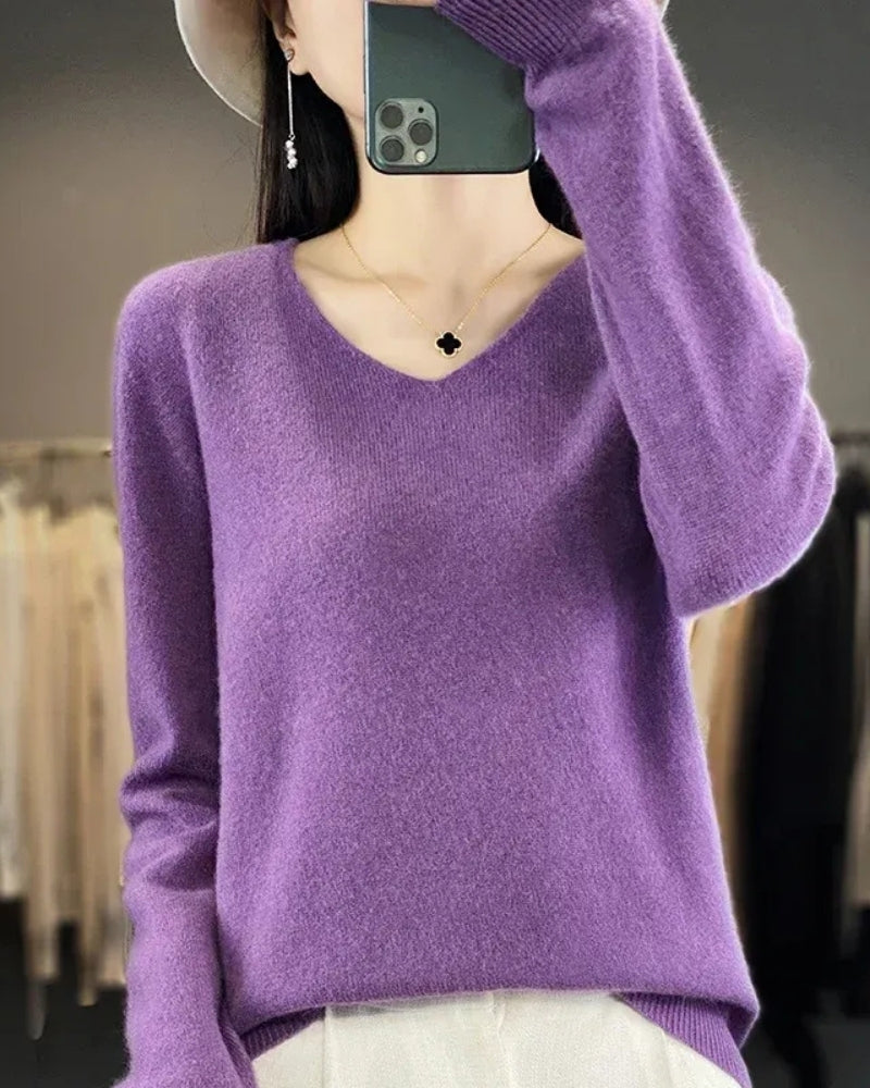 Damen V-Neck Wollpullover – Pullover aus 100% Merinowolle für Winter und Herbst