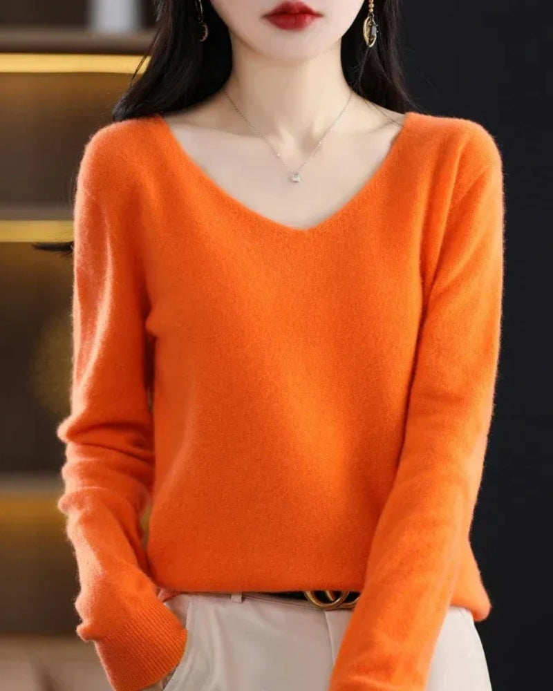 Damen V-Neck Wollpullover – Pullover aus 100% Merinowolle für Winter und Herbst