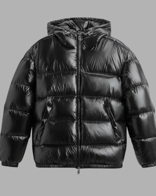 Damen-Winterjacke – glänzender Puffer-Mantel mit Kapuze