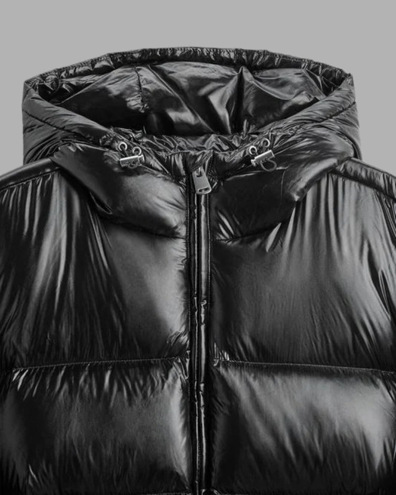 Damen-Winterjacke – glänzender Puffer-Mantel mit Kapuze