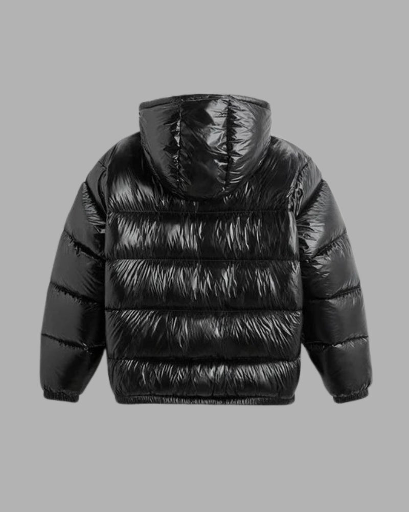 Damen-Winterjacke – glänzender Puffer-Mantel mit Kapuze
