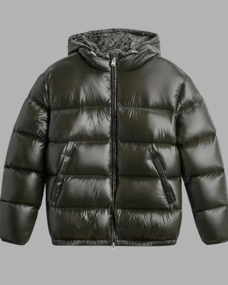 Damen-Winterjacke – glänzender Puffer-Mantel mit Kapuze