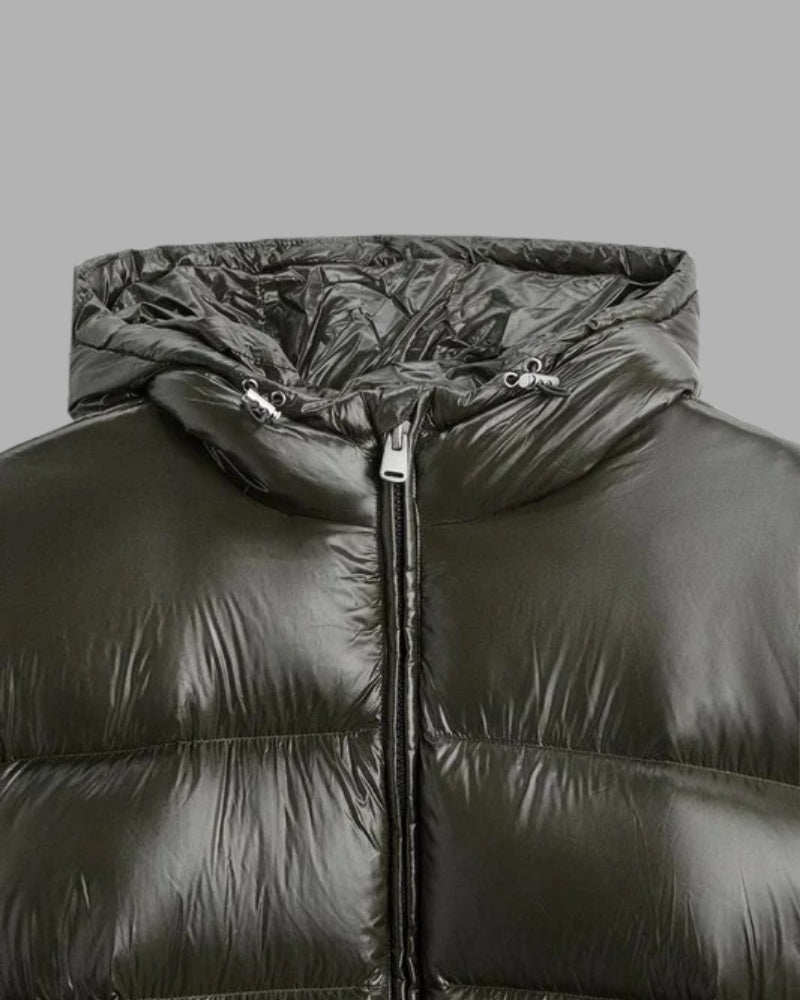 Damen-Winterjacke – glänzender Puffer-Mantel mit Kapuze