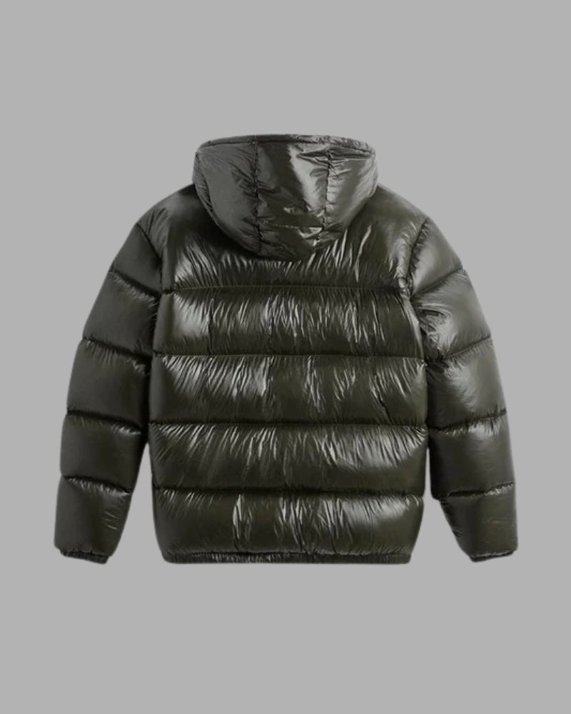 Damen-Winterjacke – glänzender Puffer-Mantel mit Kapuze
