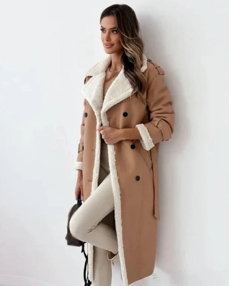 Damen Winterjacke – Langer Mantel mit Gürtel und Knopfverschluss