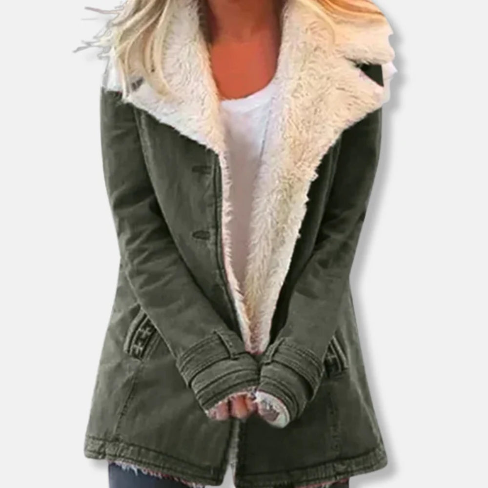 Damen-Winterjacke – Langer Mantel mit Lammfellfutter und lockerer Passform