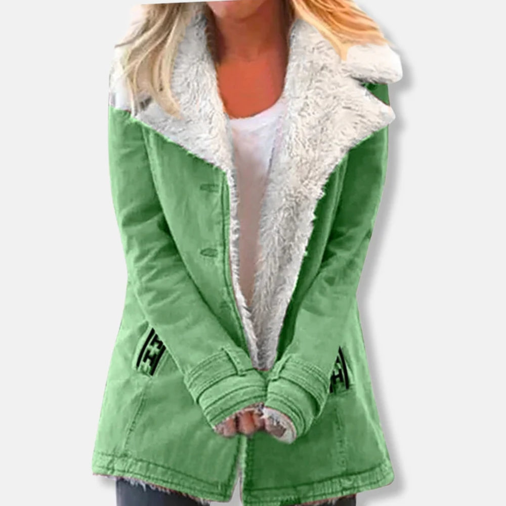 Damen-Winterjacke – Langer Mantel mit Lammfellfutter und lockerer Passform