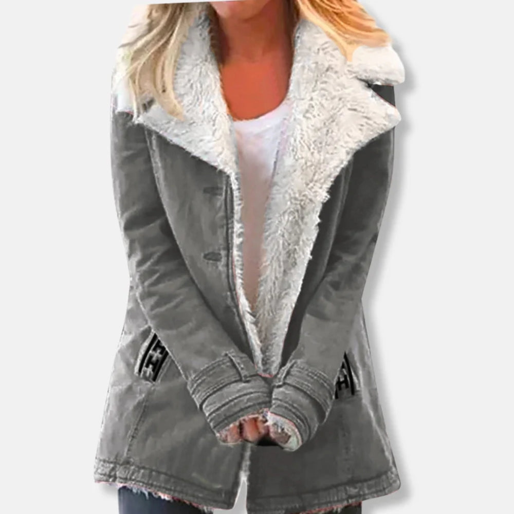 Damen-Winterjacke – Langer Mantel mit Lammfellfutter und lockerer Passform