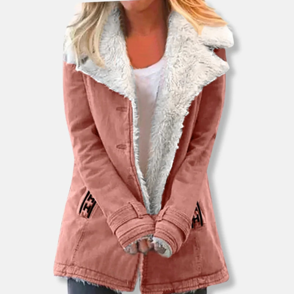 Damen-Winterjacke – Langer Mantel mit Lammfellfutter und lockerer Passform