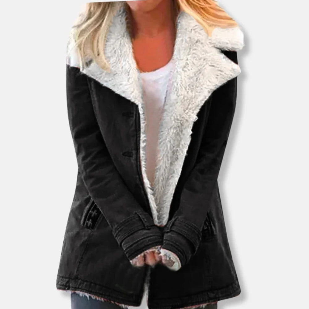 Damen-Winterjacke – Langer Mantel mit Lammfellfutter und lockerer Passform