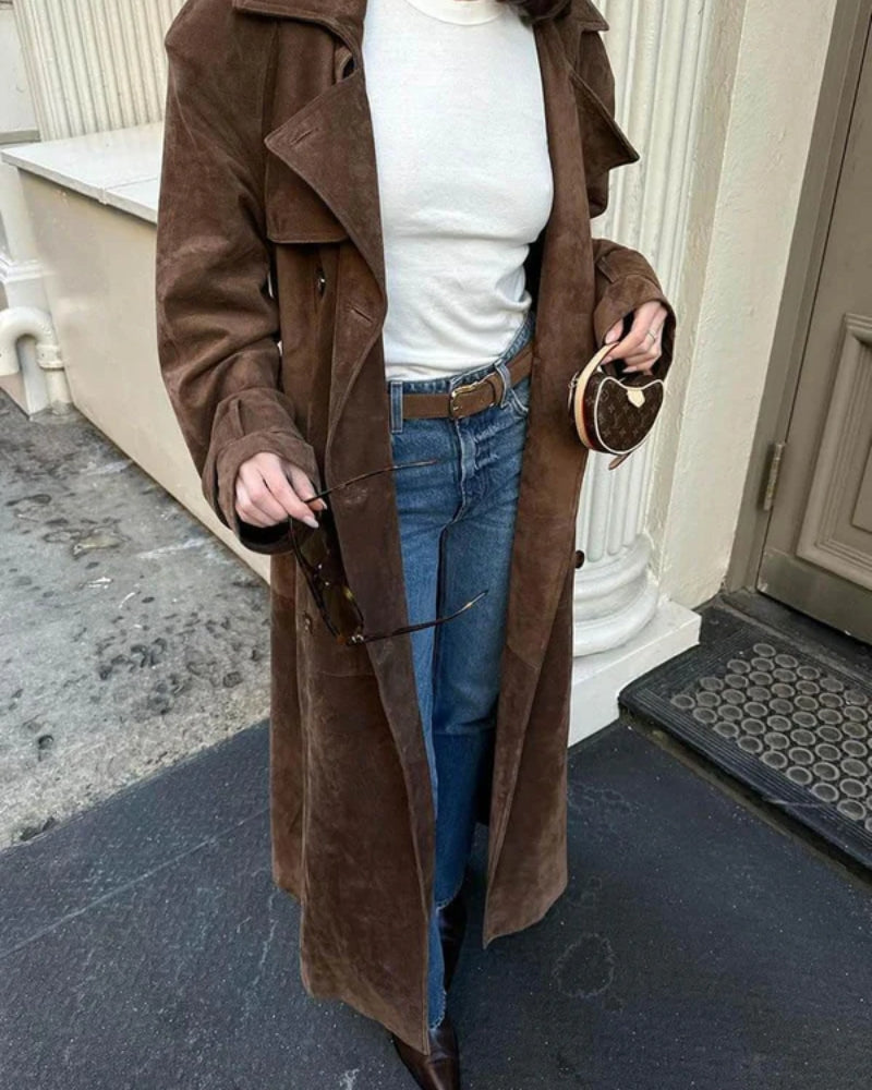 Damen Winterjacke Trenchcoat – Langer Mantel mit Gürtel in Braun