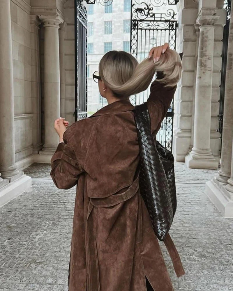 Damen Winterjacke Trenchcoat – Langer Mantel mit Gürtel in Braun