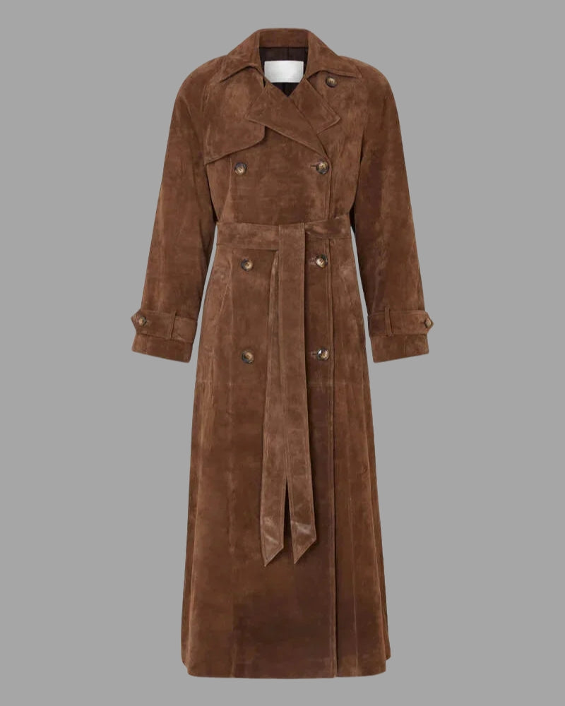 Damen Winterjacke Trenchcoat – Langer Mantel mit Gürtel in Braun