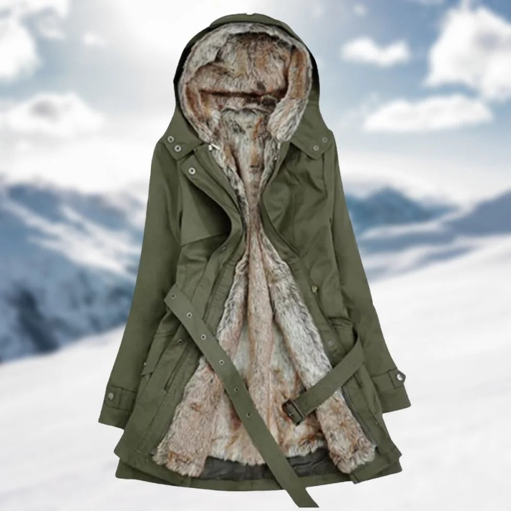 Damen Wintermantel – Warme Winterjacke mit Kunstpelzfutter, Kapuze und Taillengürtel