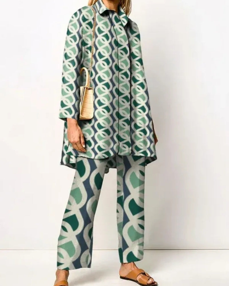Damenanzug-Set – langes Oberteil und Hose mit Retro-Muster