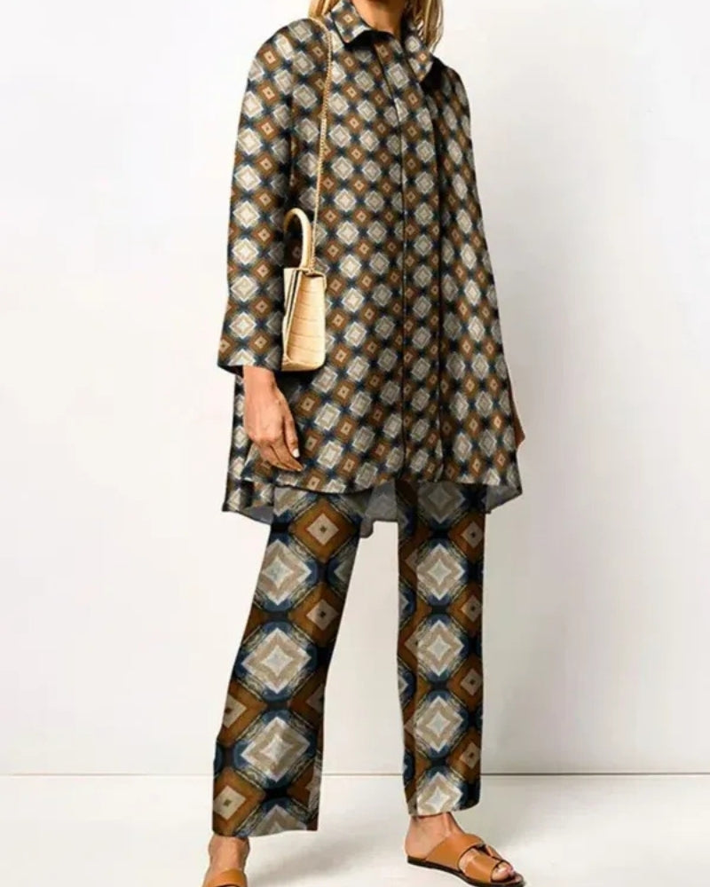 Damenanzug-Set – langes Oberteil und Hose mit Retro-Muster