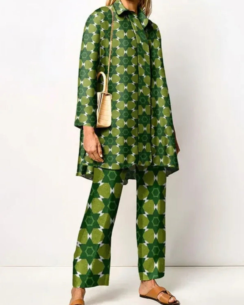Damenanzug-Set – langes Oberteil und Hose mit Retro-Muster