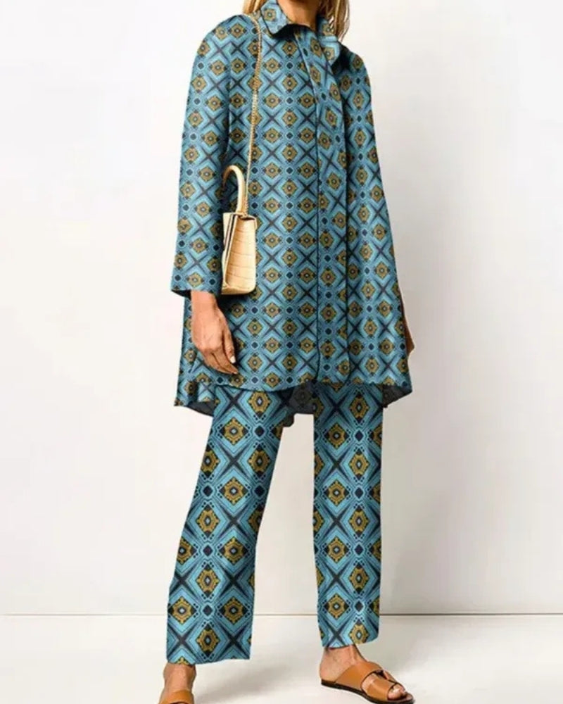 Damenanzug-Set – langes Oberteil und Hose mit Retro-Muster