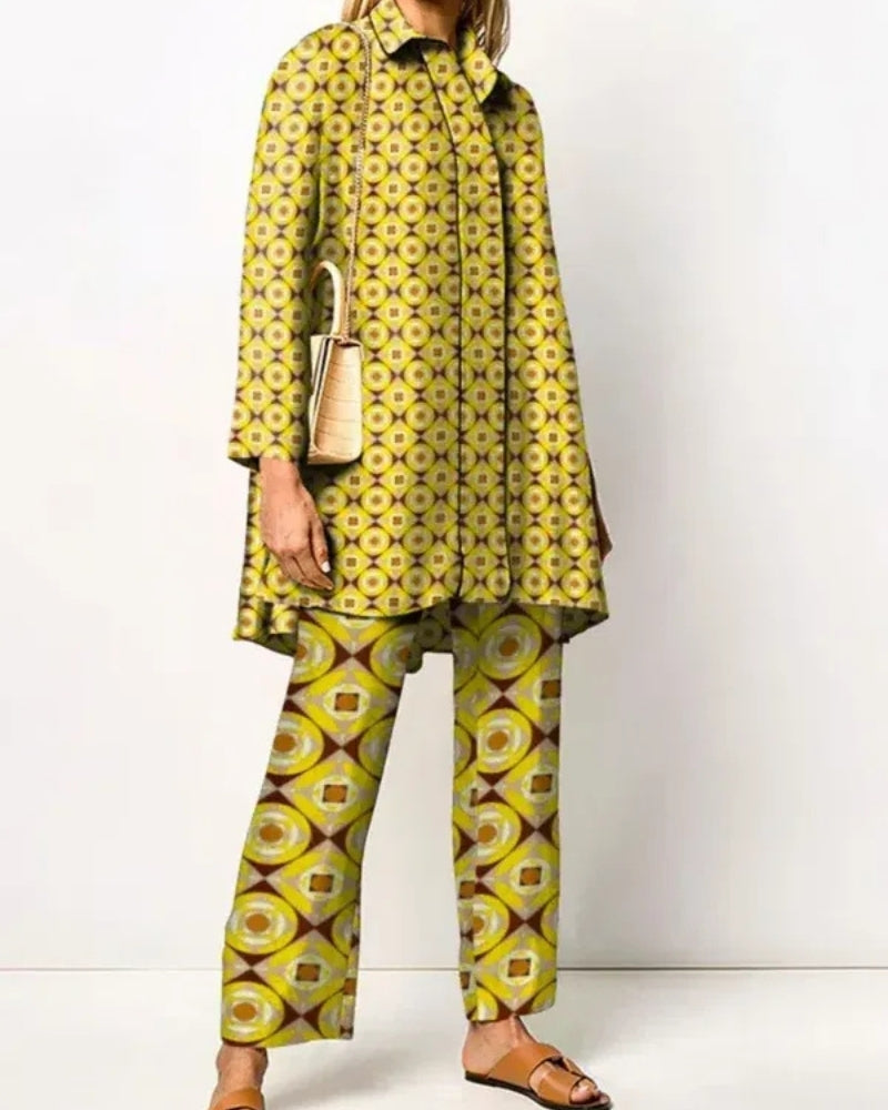 Damenanzug-Set – langes Oberteil und Hose mit Retro-Muster
