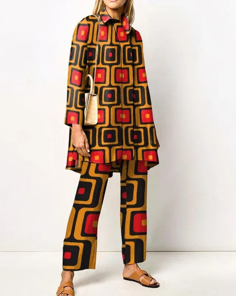 Damenanzug-Set – langes Oberteil und Hose mit Retro-Muster