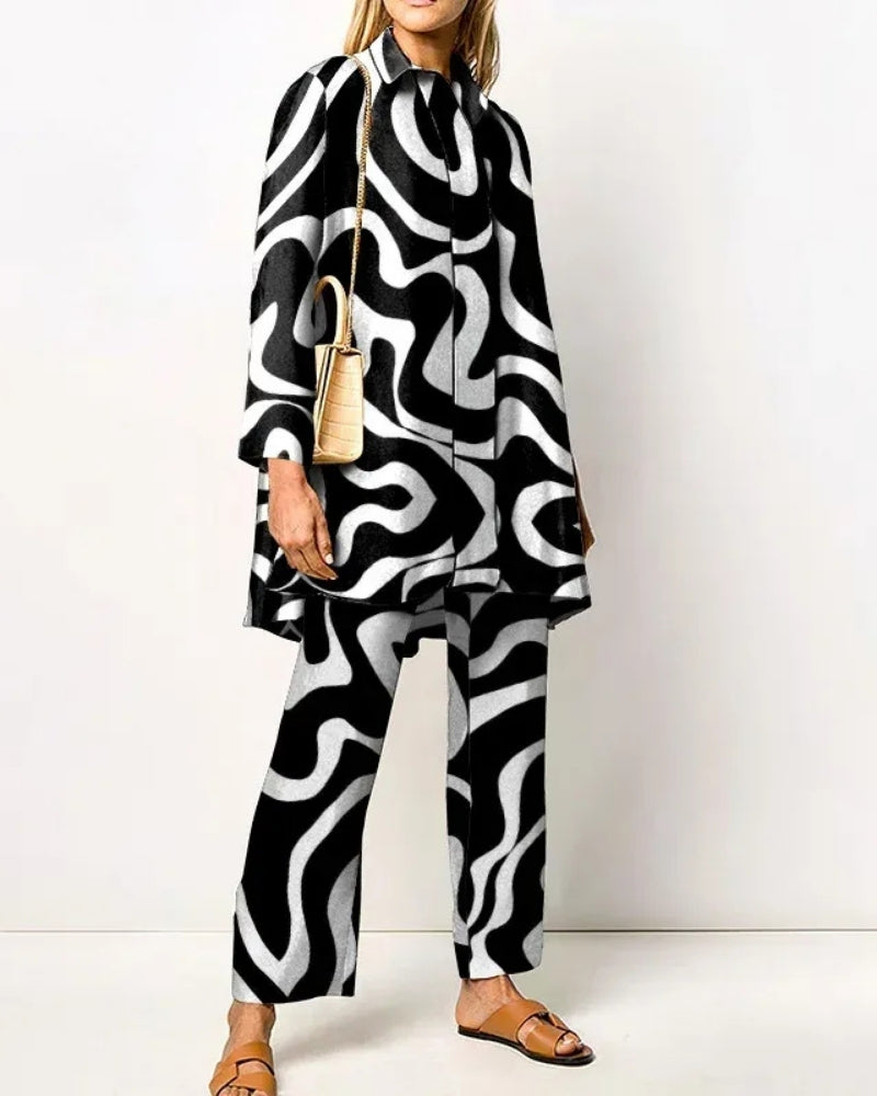 Damenanzug-Set – langes Oberteil und Hose mit Retro-Muster