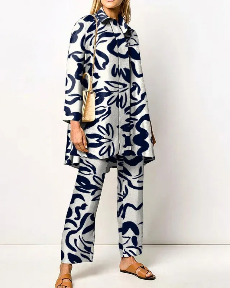 Damenanzug-Set – langes Oberteil und Hose mit Retro-Muster