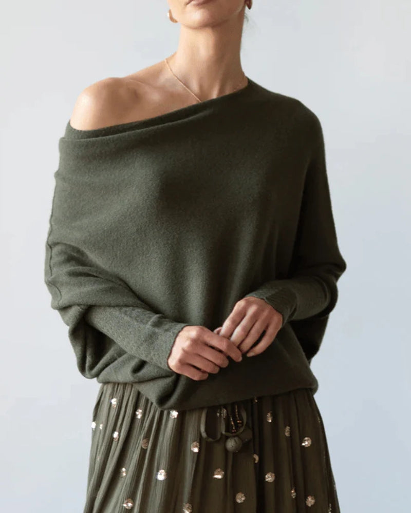 Damenpullover mit Off-Shoulder-Ausschnitt – Langarm in Einfarbig Grau