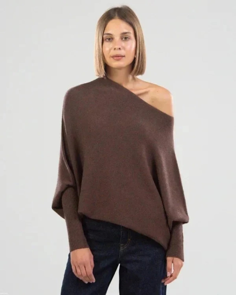 Damenpullover mit Off-Shoulder-Ausschnitt – Langarm in Einfarbig Grau