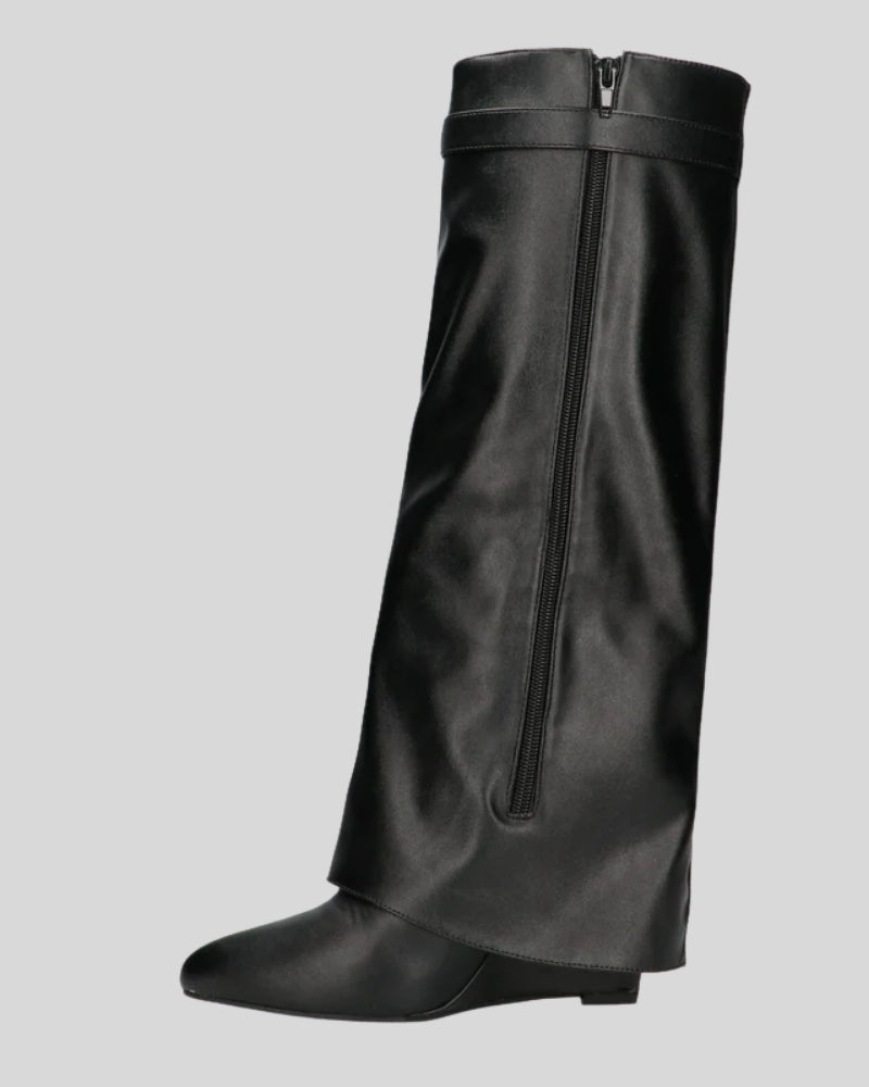 Damenstiefel – Schwarze, strukturierte Stiefel mit verstecktem Absatz