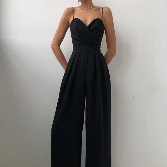 Einfarbiger Jumpsuit Damen – Eleganter Jumpsuit mit Trägern und Weitem Bein