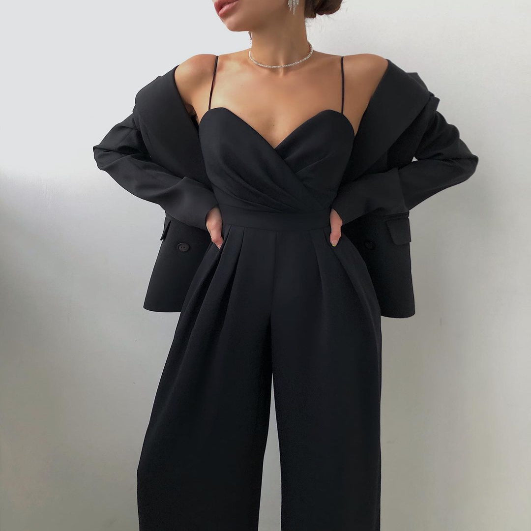 Einfarbiger Jumpsuit Damen – Eleganter Jumpsuit mit Trägern und Weitem Bein