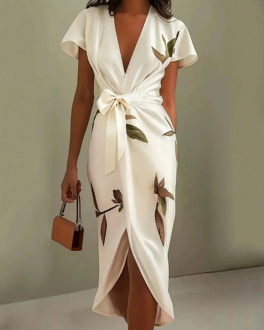 Elegant Damen Midikleid im Cocktail-Stil mit V-Neck | Florales Design