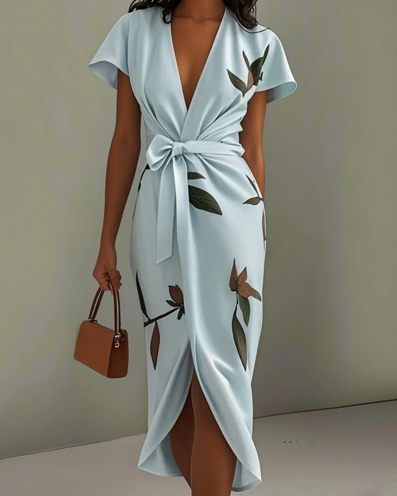 Elegant Damen Midikleid im Cocktail-Stil mit V-Neck | Florales Design